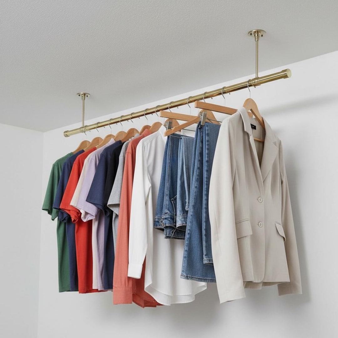 Hanging Rode Solid Brass Ceiling Mounted Hanging Closet Rod | Boutique Rack Hardware ...