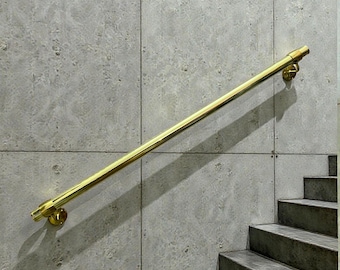Solid Brass Stair Handrail | Polished Brass Wall Mounted Handrail | Luxury Staircase Railing