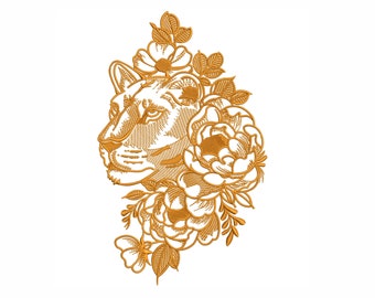 Lion in Peonies Embroidery Design. 6 Sizes. Lion Machine Embroidery Design