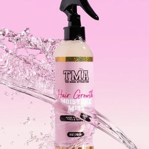 May include: A clear plastic bottle with a black spray nozzle, labeled "TMA The Mane Attraction Hair Growth Moisture Mist" with a gold glitter band around the bottle. The bottle is 8 oz (240 ml) and is made for all hair types and textures.