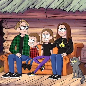 Puede incluir: Una ilustración de dibujos animados de una familia de cuatro personas sentadas en un sofá en una cabaña. La familia lleva ropa informal y sonríe. Hay un gato sentado en el suelo junto al sofá.