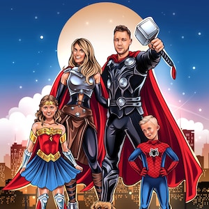 Superhero Portrait! Custom Superhero Portrait From Photo, Personalized Cartoon Superhero Family gift, Superhero Couple Portrait, Drawing Art