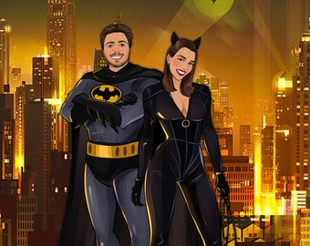 Custom Superhero Couple Portrait, Personalized Cartoon Illustration