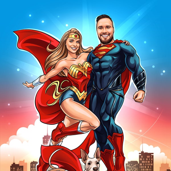 Custom Superhero Portrait! Superhero Portrait From Photo, Personalized Cartoon Superhero Family gift, Superhero Couple Portrait, Drawing Art