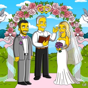 Die Simpsons Portrait, Hochzeitsportrait Geschenk, Benutzerdefinierte Familie Cartoon Illustration, Geschenkidee zum Hochzeitstag, Paar Portrait mr und mrs