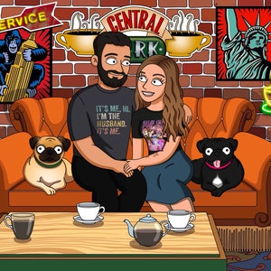 May include: A cartoon illustration of a couple sitting on an orange couch with two pugs. The man is wearing a black t-shirt with the text "IT'S ME, HI. I'M THE HUSBAND. IT'S ME." The woman is wearing a black t-shirt with a colorful graphic print. The couch is in front of a brick wall with a framed picture of the Statue of Liberty and a neon green coffee cup.