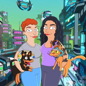 Portret Futurama! Niestandardowy portret pary. Niestandardowy portret rodziny z kreskówki ze zdjęcia, niestandardowa ilustracja rysunkowa, pomysł na prezent rocznicowy