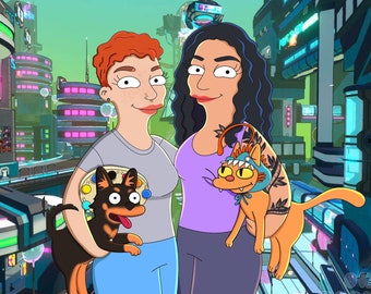 Futurama Portrait! Custom Couple portrait. Custom Cartoon family  portrait from photo, custom drawing illustration, Anniversary gift idea