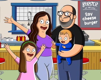 Personalized Bob's Burgers Style Portrait, Custom Family Cartoon