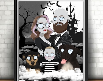 Custom Tim Burton Style Family Portrait, Halloween Illustration