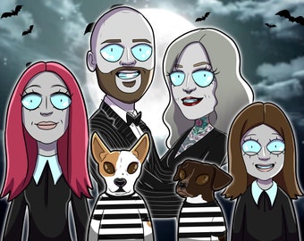 Portrait personnalisé de style Tim Burton à partir de votre photo, cadeau d'illustration d'Halloween personnalisé, portrait de famille dessin animé, art mural - cadeau de Noël