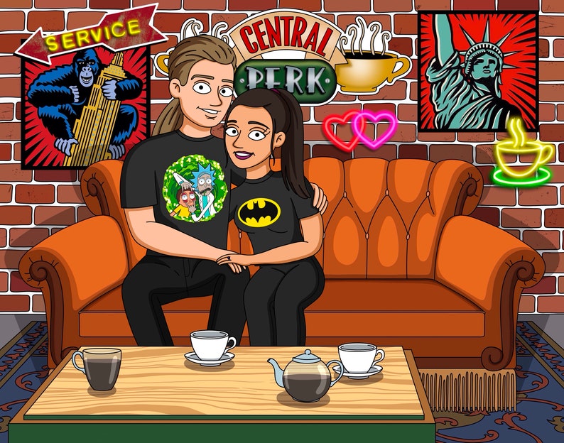 May include: A cartoon illustration of a couple sitting on an orange couch in front of a brick wall. The man is wearing a black t-shirt with a cartoon character on it. The woman is wearing a black t-shirt with a Batman logo. The couch is in front of a brick wall with a sign that says "Central Perk".