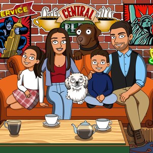 May include: A cartoon illustration of a family sitting on a brown couch in front of a brick wall. The couch is decorated with a sign that says "Central Perk". The family is made up of two adults, a young girl, and a young boy. There are two dogs in the image, one brown and one white. There are also several cups of coffee on a table in front of the couch.