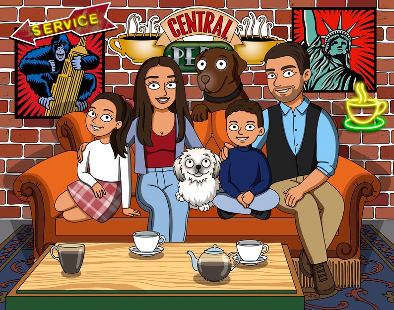 May include: A cartoon illustration of a family sitting on a brown couch in front of a brick wall. The couch is decorated with a sign that says "Central Perk". The family is made up of two adults, a young girl, and a young boy. There are two dogs in the image, one brown and one white. There are also several cups of coffee on a table in front of the couch.