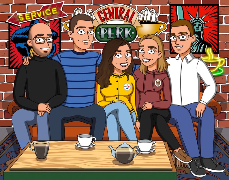 May include: A group of friends are sitting on a brown couch in front of a brick wall. The couch is decorated with a sign that says "Central Perk". The friends are all smiling and looking at the camera. There are two cups of coffee on a wooden table in front of them.