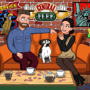 May include: A cartoon illustration of a couple sitting on an orange couch in a coffee shop setting. The man is wearing a blue shirt and brown pants. The woman is wearing a brown sweater and black tights. A dog is sitting between them. The coffee shop has a brick wall with a sign that says "Central Perk".