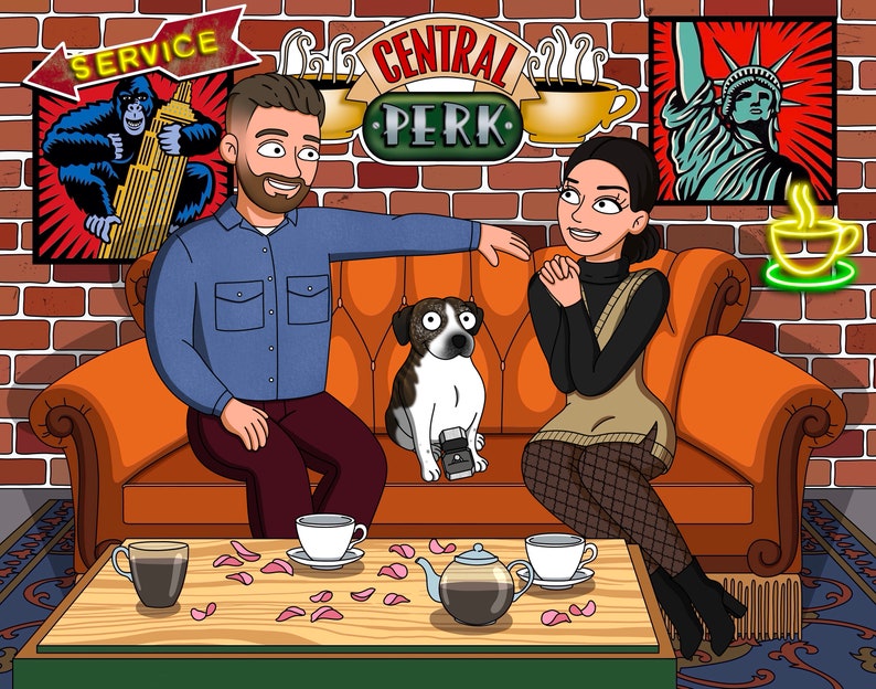 May include: A cartoon illustration of a couple sitting on an orange couch in a coffee shop setting. The man is wearing a blue shirt and brown pants. The woman is wearing a brown sweater and black tights. A dog is sitting between them. The coffee shop has a brick wall with a sign that says "Central Perk".