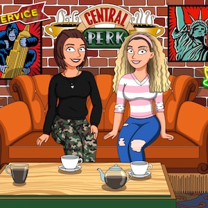 May include: Two women sitting on an orange couch in front of a brick wall. The couch is in a coffee shop setting with a sign that says "Central Perk" above it. There are two mugs of coffee on a wooden table in front of them.