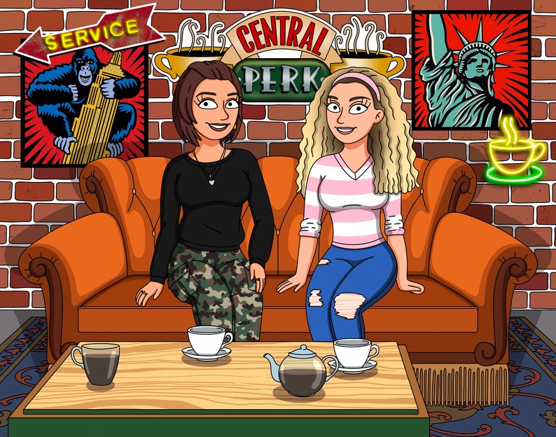 May include: Two women sitting on an orange couch in front of a brick wall. The couch is in a coffee shop setting with a sign that says "Central Perk" above it. There are two mugs of coffee on a wooden table in front of them.