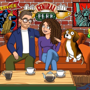May include: A cartoon illustration of a couple sitting on an orange couch in a coffee shop setting. The coffee shop is decorated with a brick wall, a sign that says "Central Perk", and a picture of the Statue of Liberty. The couple is sitting on the couch with a brown and white dog. There is a coffee table in front of them with two cups of coffee and a teapot.