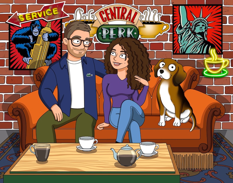 May include: A cartoon illustration of a couple sitting on an orange couch in a coffee shop setting. The coffee shop is decorated with a brick wall, a sign that says "Central Perk", and a picture of the Statue of Liberty. The couple is sitting on the couch with a brown and white dog. There is a coffee table in front of them with two cups of coffee and a teapot.