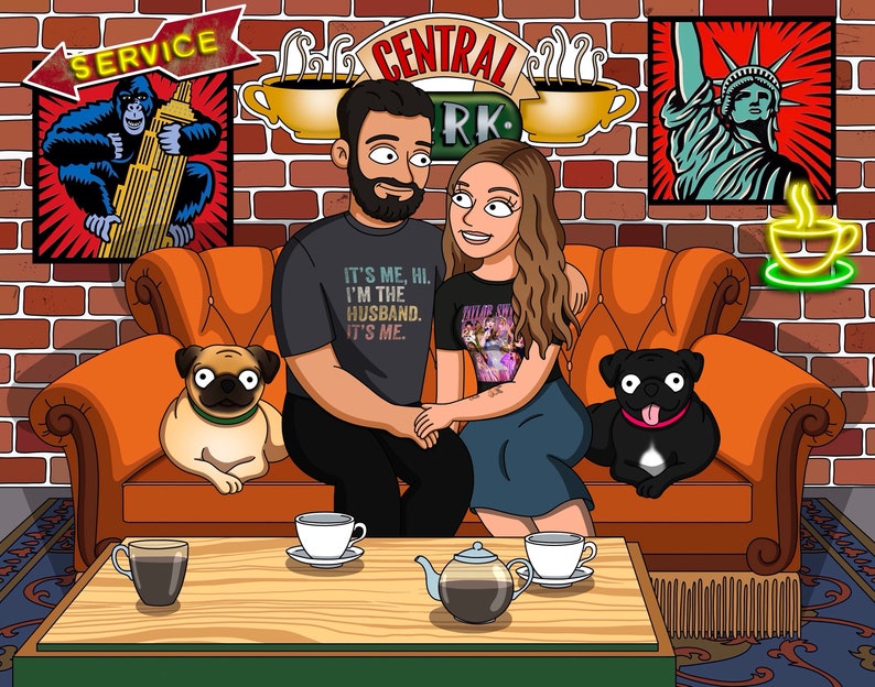 May include: A cartoon illustration of a couple sitting on an orange couch with two pugs. The man is wearing a black t-shirt with the text "IT'S ME, HI. I'M THE HUSBAND. IT'S ME." The woman is wearing a black t-shirt with a colorful graphic print. The couch is in front of a brick wall with a framed picture of the Statue of Liberty and a neon green coffee cup.