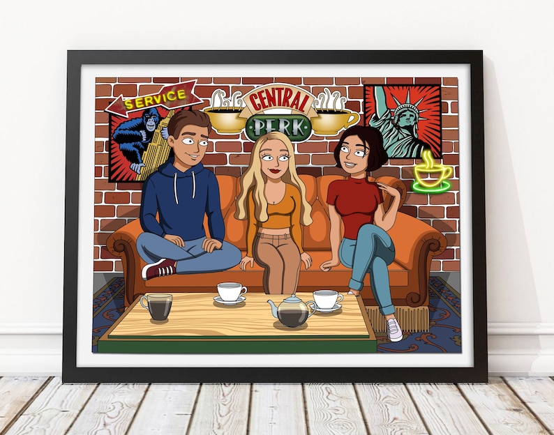 May include: A cartoon illustration of three friends sitting on an orange couch in a coffee shop. The coffee shop is called "Central Perk" and has a brick wall and a neon sign. The friends are all smiling and holding coffee cups.