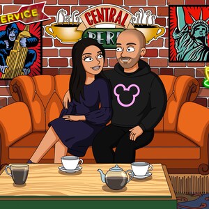 May include: A cartoon illustration of a couple sitting on an orange couch in a coffee shop. The woman is wearing a blue dress and the man is wearing a black hoodie with a pink Mickey Mouse design. The coffee shop has brick walls and a sign that says "Central Perk".
