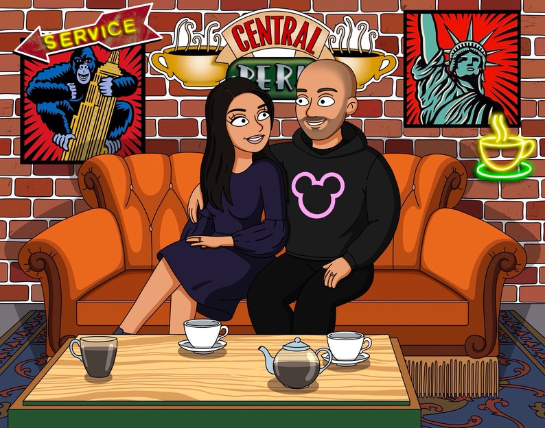 May include: A cartoon illustration of a couple sitting on an orange couch in a coffee shop. The woman is wearing a blue dress and the man is wearing a black hoodie with a pink Mickey Mouse design. The coffee shop has brick walls and a sign that says "Central Perk".