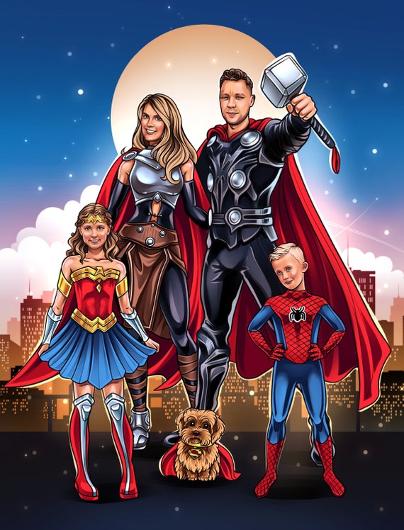 Superhero Portrait! Custom Superhero Portrait From Photo, Personalized Cartoon Superhero Family gift, Superhero Couple Portrait, Drawing Art