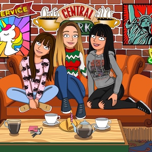 May include: Three friends sitting on an orange couch in front of a brick wall. The couch is decorated with a sign that says "Central Perk". The friends are wearing casual clothing and smiling. There is a coffee table in front of them with a cup of coffee, a plate of cookies, and a teapot.