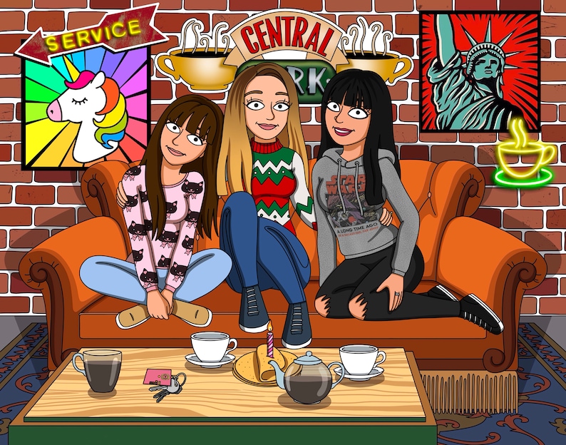 May include: Three friends sitting on an orange couch in front of a brick wall. The couch is decorated with a sign that says "Central Perk". The friends are wearing casual clothing and smiling. There is a coffee table in front of them with a cup of coffee, a plate of cookies, and a teapot.