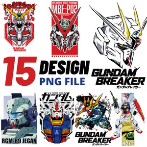 May include: A collection of 15 colorful digital designs featuring various Gundam robots. The designs include the words "Gundam Breaker" and "Mobile Suit Gundam".