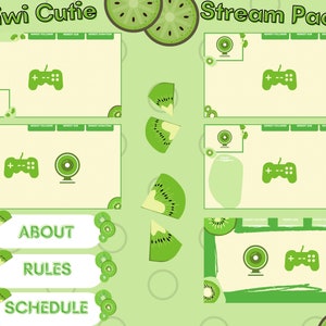 Könnte beinhalten: Ein grünes und weißes Stream-Paket mit Kiwi-Motiv. Das Paket enthält ein Webcam-Overlay, eine Chatbox, ein Gamecontroller-Symbol und Schaltflächen für "Über", "Regeln" und "Zeitplan".