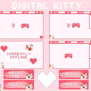Digital Kitty Twitch Overlay Set with Overlays, Animated Scenes, and Panel Sets