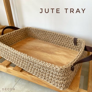 Jute en hout, groot boerderij rechthoekig dienblad met handgrepen, ontbijt op bed, rieten dienblad salontafel, houten broodmand