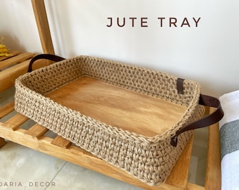 Jute & Wood, Large Farmhouse Rectangle serving tray with handles, Breakfast in Bed, Coffee Table Wicker Tray, Wooden bread basket
