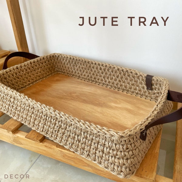 Jute & Wood, Large Farmhouse Rectangle serving tray with handles, Breakfast in Bed, Coffee Table Wicker Tray, Wooden bread basket