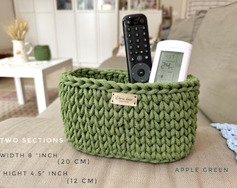 仕切り付きかぎ針編みオーバルバスケット：リモコン収納、コットン製