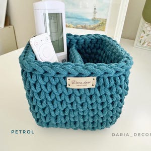 Cotton Crochet Basket with Dividers: Remote Control storage | Eyeglasses Holder, Bedside caddy