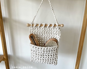 100% Cotton, Hanging Storage Basket, Hallway decor, White Macrame pocket, Crochet Hanging pouch, Nursery wall decor, Camp decor