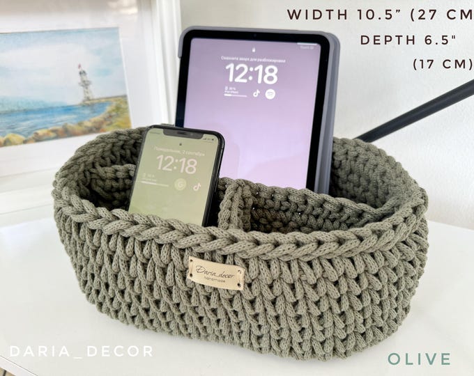 Hand Crocheted Cotton Basket with Dividers: Nightstand Organizer, Kindle book box, Remote control storage