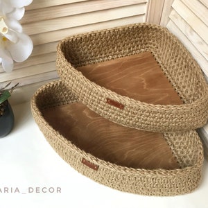 Natural Jute Large Triangle Storage Baskets, Corner shelf basket, Large wooden tray (birch), Bathroom space saver