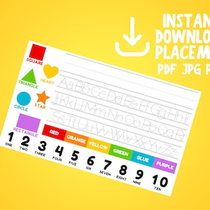 Instant Download Placemat Primary Learning Numbers Letters Shapes Colours