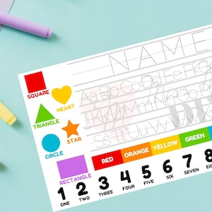 Placemat personalizado, aprendizagem primária, números, letras, formas, cores, reutilizável, colorido, personalizado