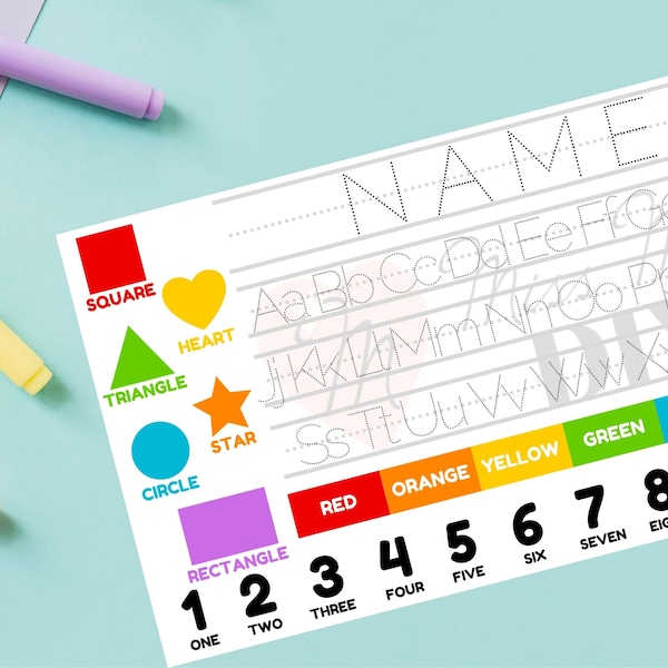 Set de table personnalisé apprentissage primaire chiffres lettres formes couleurs réutilisable colorable sur mesure