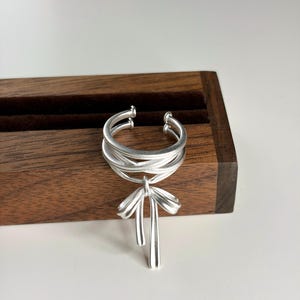 925 Sterling Silver Bow Ring Adjustable Open Wrap Ring Minimalist Ribbon Ring Elegant Statement Jewelry Gift for Women