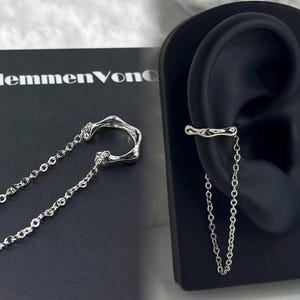 Edgy Silver Chain Ear Cuff - Utan Piercing, Gothic Punk Dubbel Chain Clip-On Örhänge, Handgjord Minimalistisk Öronlinda, Unisex Alternativa Smycken
