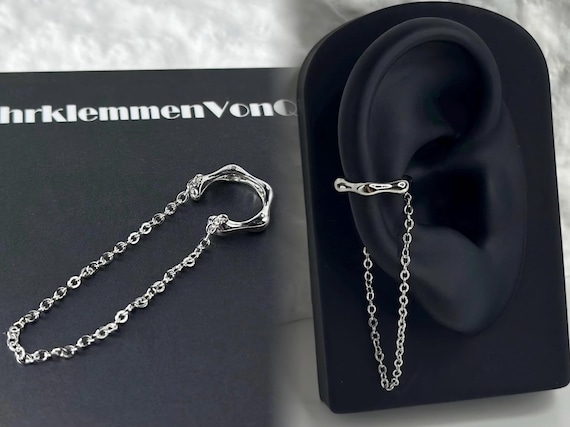 Edgy Silver Chain Ear Cuff - No Piercing, Gothic Punk Double Chain Clip-On Earring, Handmade Minimalist Ear Wrap, Unisex Alternative Jewelr