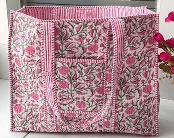Handmade Cotton Quilted Tote Bag, Everyday Shoulder Bag, Block Print Market Carryall, Reusable Shopper Gift For Her, Daily Accessory Bag!